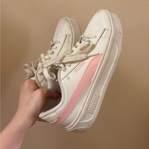 puma white platform leather sneakers with pink accent stripes